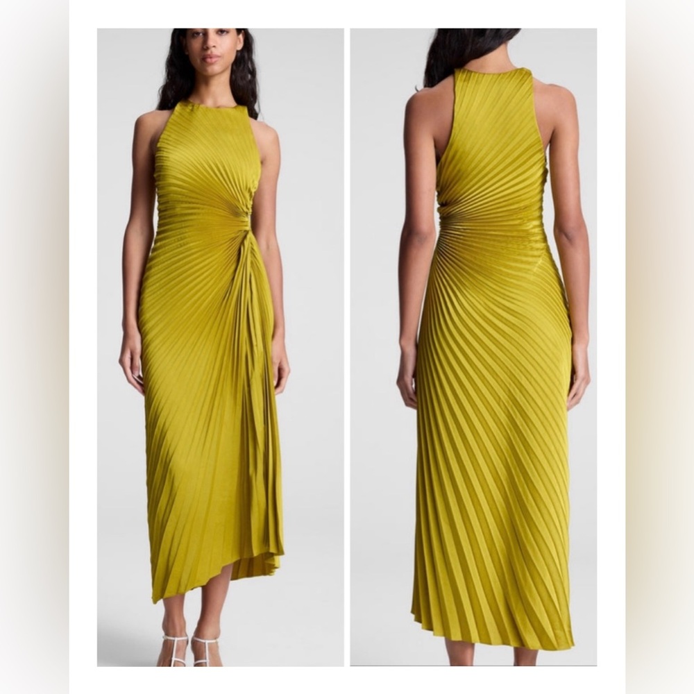 A.L.C. Sleeveless Pleated Twist Midi Dress in Chartreuse